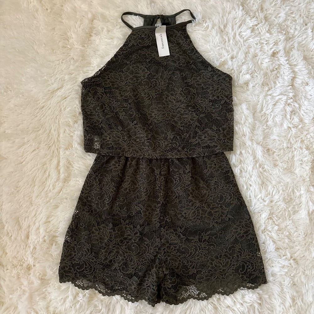 Francescas Blue Rain Dark Olive Green Floral Lace Halter Romper J0389FB-DKOLV L